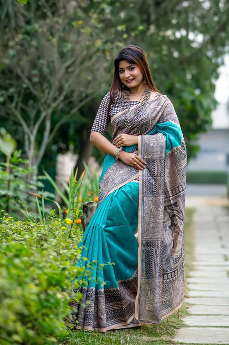 Teal Tussar Silk Bland Beautiful Madhubani Printed saree With Blouse