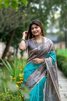 Teal Tussar Silk Bland Beautiful Madhubani Printed saree With Blouse 4