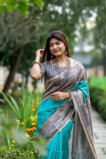 Teal Tussar Silk Bland Beautiful Madhubani Printed saree With Blouse