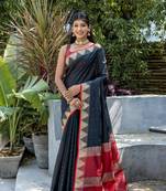 Black bangali style Semi Tussar Silk Bland Temple Border & contrust Pallu Saree With Blouse