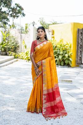 Mustard Semi Tussar Silk bland tample border saree with Blouse 1