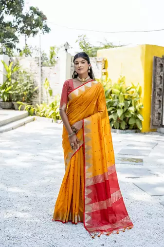 Mustard Semi Tussar Silk bland tample border saree with Blouse