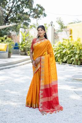Mustard Semi Tussar Silk bland tample border saree with Blouse 2