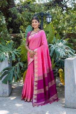 Pink bangali style Semi Tussar Silk Bland Temple Border & contrust Pallu Saree With Blouse 1