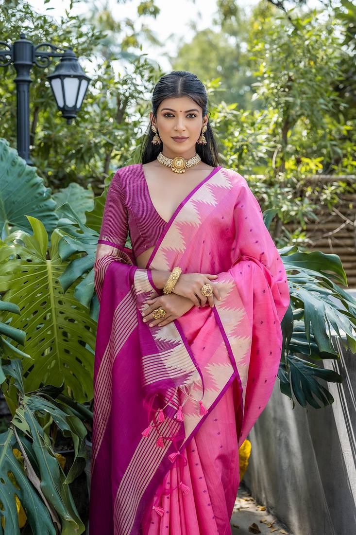 Pink bangali style Semi Tussar Silk Bland Temple Border & contrust Pallu Saree With Blouse
