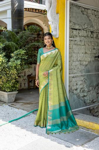 Pista Green Semi Tussar Silk bland tample border saree with Blouse