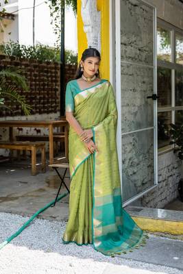 Pista Green Semi Tussar Silk bland tample border saree with Blouse 2