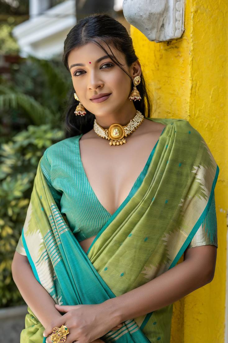 Pista Green Semi Tussar Silk bland tample border saree with Blouse