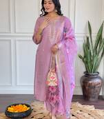 Onion pink chanderi heavy thread embroidery work with printed dupatta kurta pant set