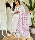 White viscose chanderi heavy thread embroidery work with printed dupatta kurta pant set