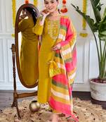 Mustard viscose chanderi heavy thread embroidery work kurta pant set