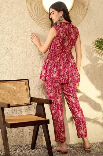 women red rayon blend ikat printed co-ord sets