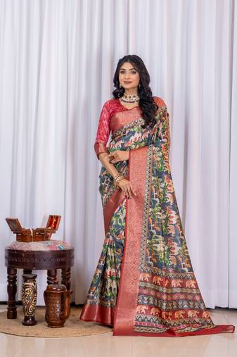 Multi zari kalmkari woven silk blend saree with blouse