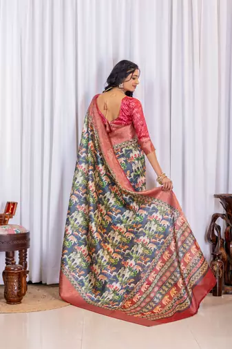 Multi zari kalmkari woven silk blend saree with blouse