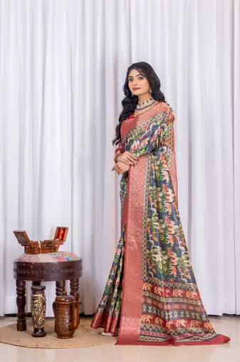 Multi zari kalmkari woven silk blend saree with blouse