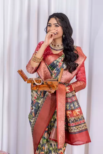 Multi zari kalmkari woven silk blend saree with blouse
