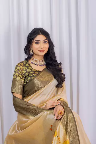 Multi zari floral woven silk blend saree with blouse