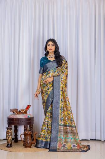 Multi zari floral woven silk blend saree with blouse