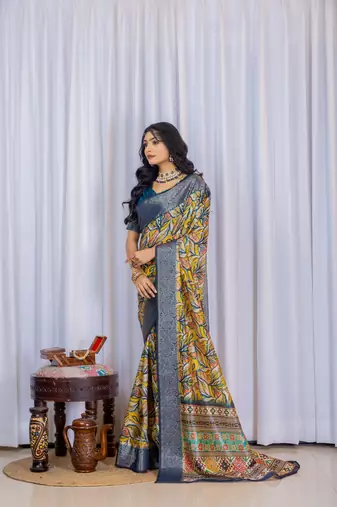 Multi zari floral woven silk blend saree with blouse
