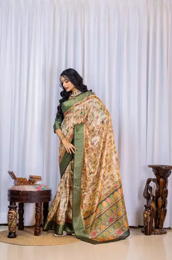 Multi zari kalmkari woven silk blend saree with blouse