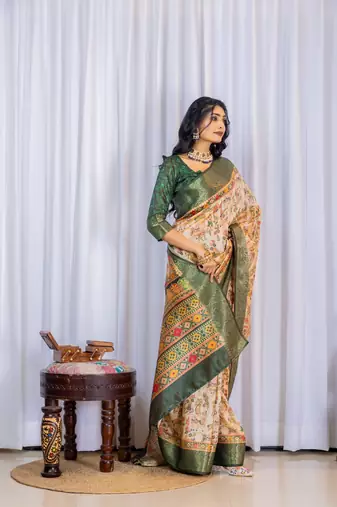 Multi zari kalmkari woven silk blend saree with blouse