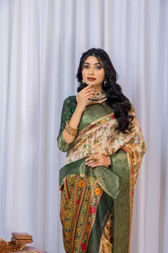 Multi zari kalmkari woven silk blend saree with blouse