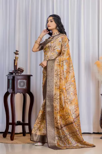 Multi zari floral woven silk blend saree with blouse