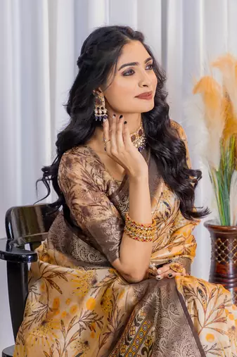 Multi zari floral woven silk blend saree with blouse
