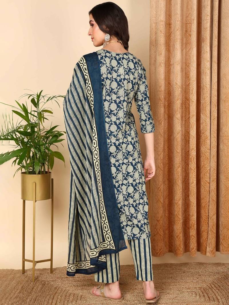 women navy blue rayon blend floral embroidered straight kurta trousers with dupatta