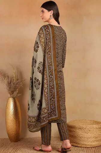 women brown rayon blend ethnic motifs printed straight kurta trouser with dupatta