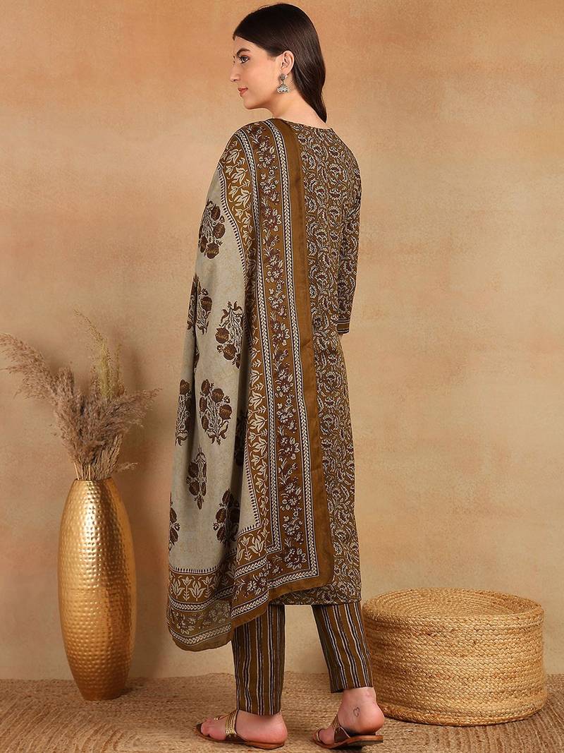 women brown rayon blend ethnic motifs printed straight kurta trouser with dupatta