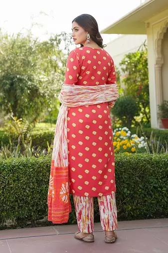 women orange rayon blend bandhani embroidered straight kurta trousers with dupatta