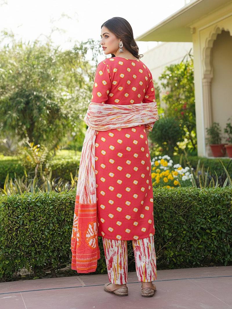women orange rayon blend bandhani embroidered straight kurta trousers with dupatta