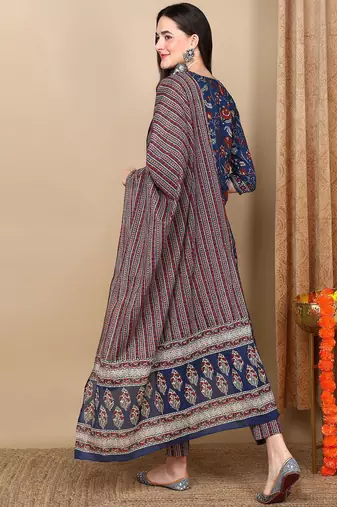 women blue rayon blend floral printed straight kurta trousers with dupatta