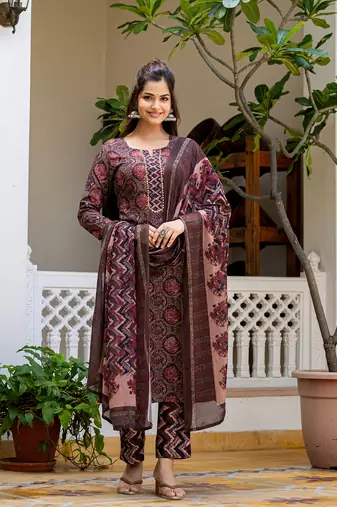 Multi printed cotton blend fancy straight trousers with dupatta