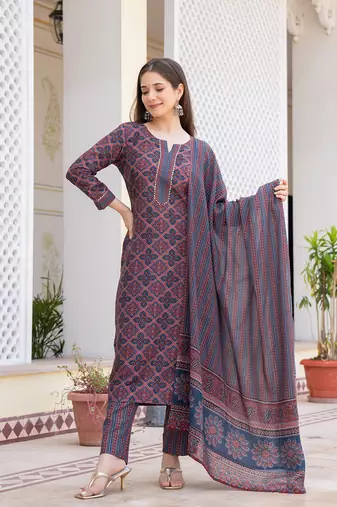 Blue printed cotton blend fancy straight trousers with dupatta