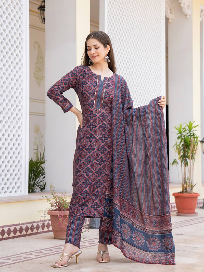 Blue printed cotton blend fancy straight trousers with dupatta