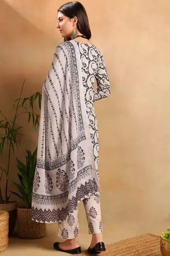 Navy blue printed cotton blend fancy straight trousers with dupatta