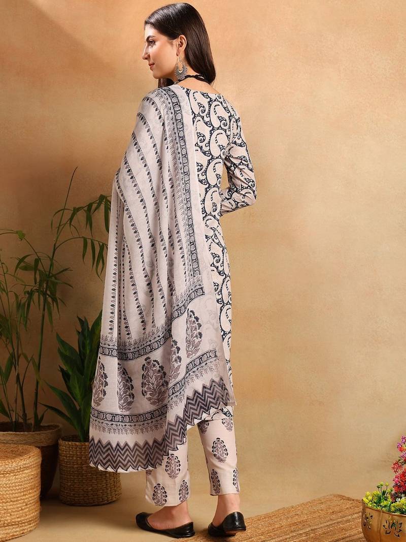 Navy blue printed cotton blend fancy straight trousers with dupatta