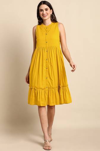 Trendmalls Women's Yellow Rayon Sleeveless Knee Length Western Dress
