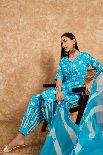 Sky Blue Printed Pure Cotton Straight Kurti Pant and Dupatta Set