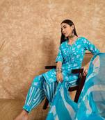 Sky Blue Printed Pure Cotton Straight Kurti Pant and Dupatta Set
