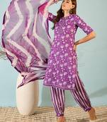 Purple Printed Pure Cotton Straight Kurti Pant and Dupatta Set