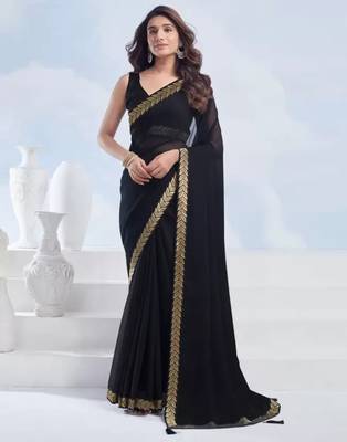 Black georgette designer border saree with unstitch blouse 1