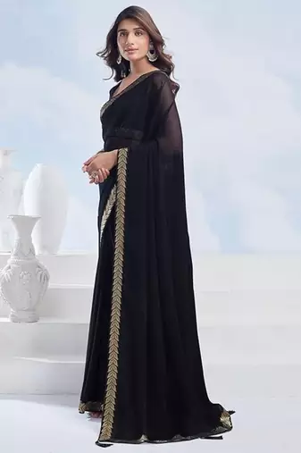 Black georgette designer border saree with unstitch blouse