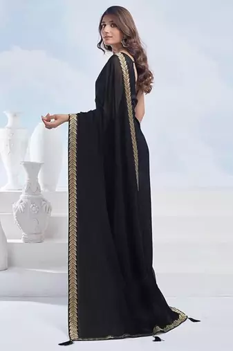 Black georgette designer border saree with unstitch blouse