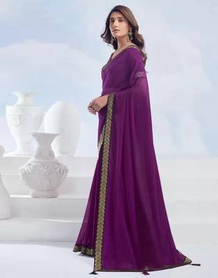 Purple georgette designer border saree with unstitch blouse 2