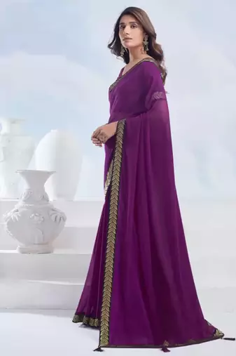 Purple georgette designer border saree with unstitch blouse