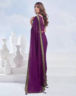 Purple georgette designer border saree with unstitch blouse 3