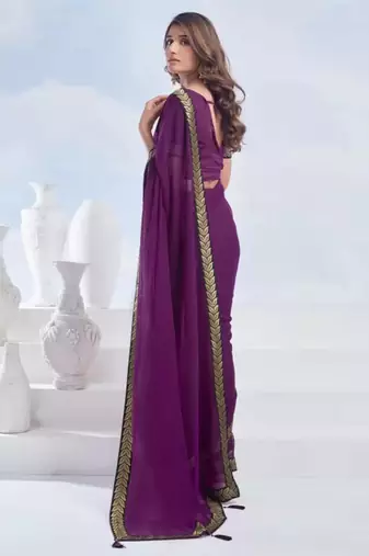 Purple georgette designer border saree with unstitch blouse